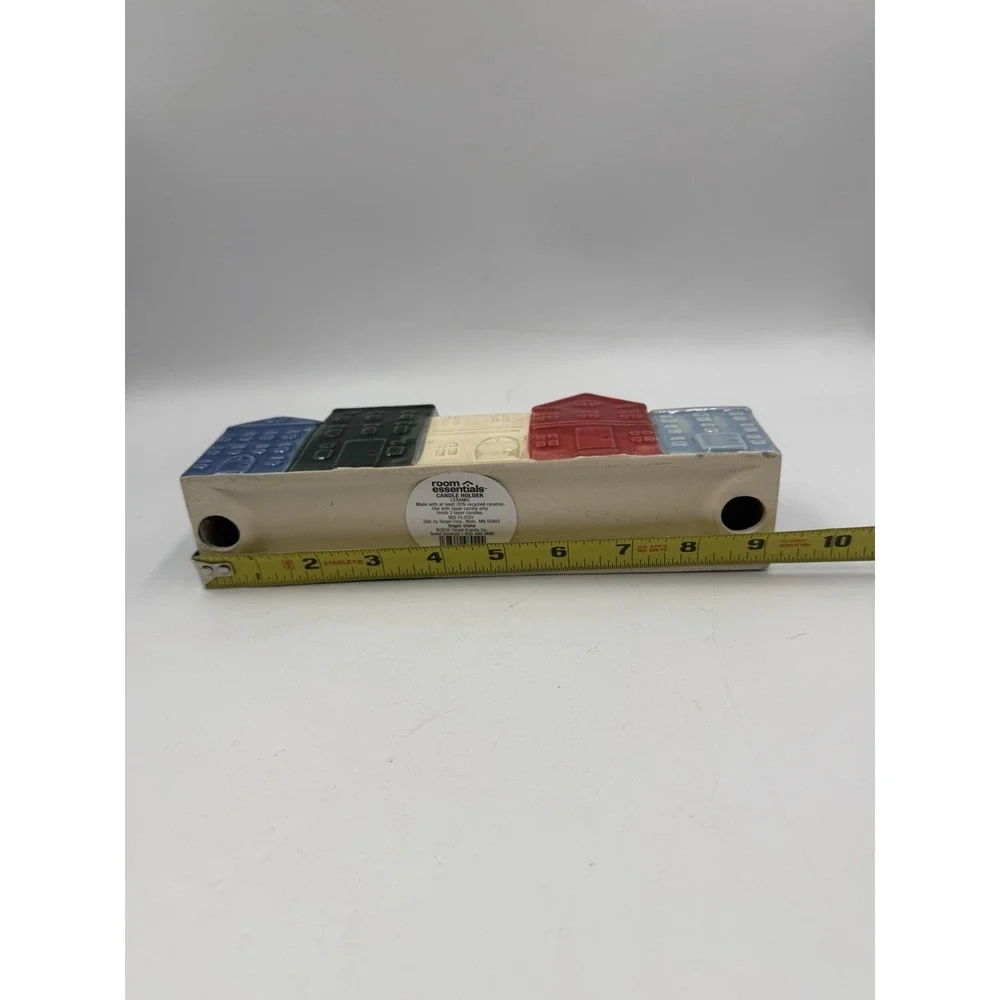 NWT Re White Blue Ceramic Candle Holder Row of Houses 9